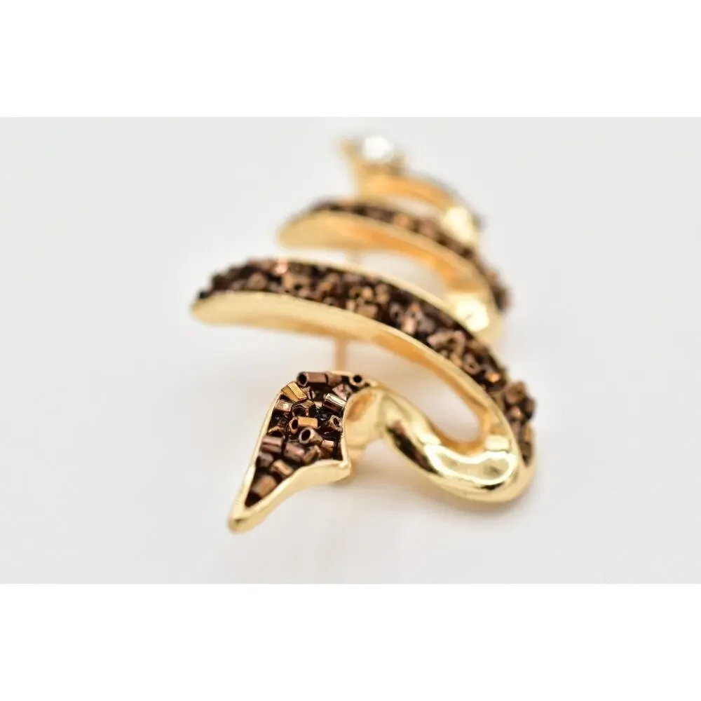 Vintage Beaded Christmas Tree Pin Brooch Brown Bronze Gold Holiday Star BinBG